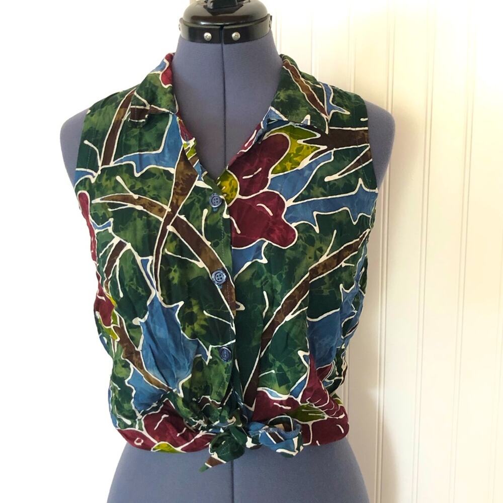 Vintage Sleeveless Tie Waist Tropical Polynesian Batik Floral Vacation Resort